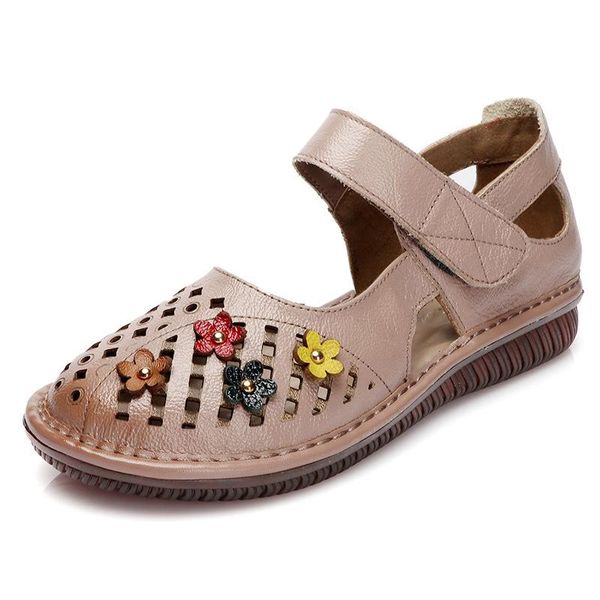 

sandals women casual soft-soled flat shoes 2021 lady genuine leather floral, Black