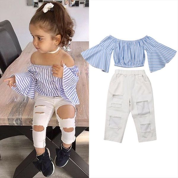 

summer 2pcs kids baby girls clothes sets flare sleeve striped t shirt frayed pants outfits 1 6y, White