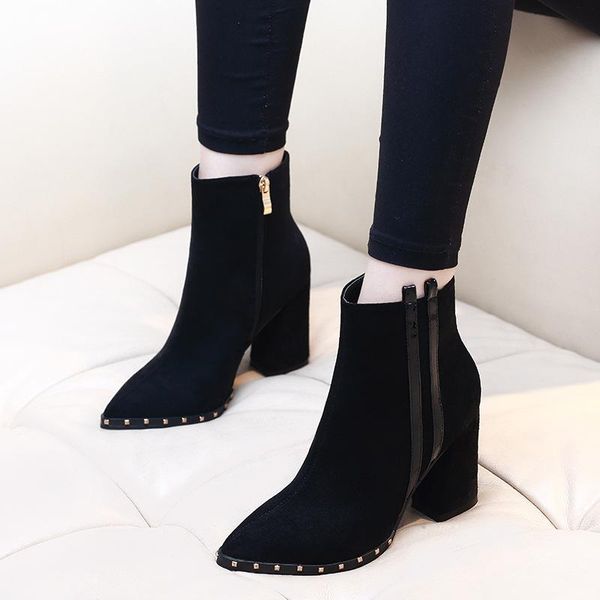 

boots british style womens leisure punk nightclub dress cow suede leather short boot high heel shoes black ankle bota mujer