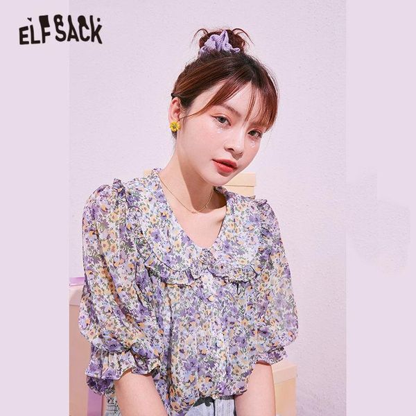 

women's blouses & shirts elfsack multicolor disty floral casual ruffle blouse women 2021 summer elf puff sleeve korean girly daily chif, White