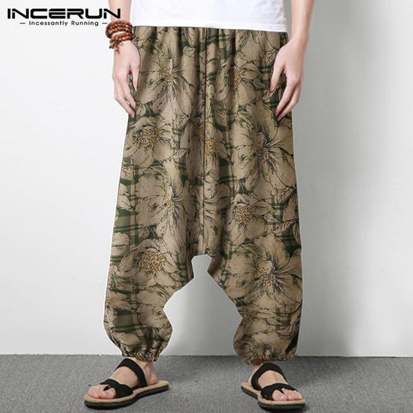 

printed men harem pants joggers elastic waist streetwear casual trousers 2021 vintage loose cotton drop-crotch men's, Black