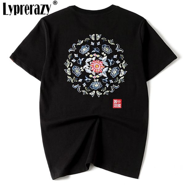 

chinese style cotton t-shirt men's embroidery flowers tees shirt male black original summer, White;black