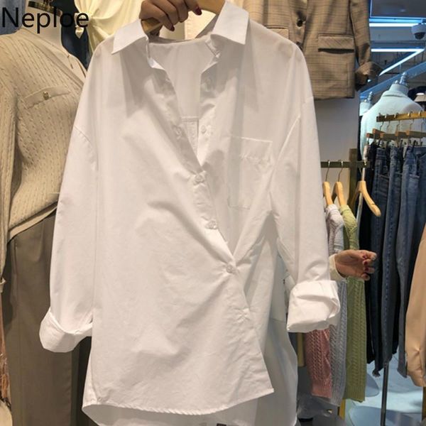 

women's blouses & shirts neploe irregular single breasted women spring 2021 solid long sleeve ladies blusa fashion casual female 1a1290, White