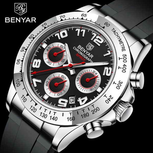 

wristwatches chronograph quartz wrist watch for men benyar diver mens watches rubber strap casual male clock relogio masculino, Slivery;brown