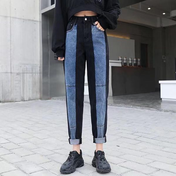 

women's jeans s-5xl plus size spring autumn for women high waist splicing female straight leg baggy denim pants, Blue
