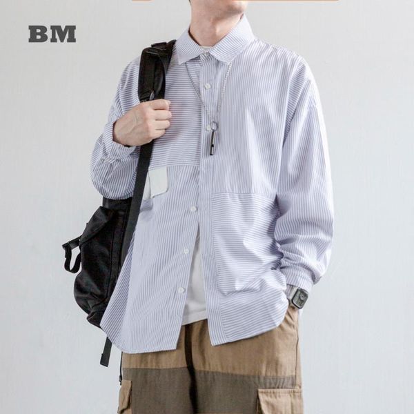

men's casual shirts 2021 japanese streetwear spring autumn fashion striped patchwork long sleeve shirt men clothing harajuku korean co, White;black