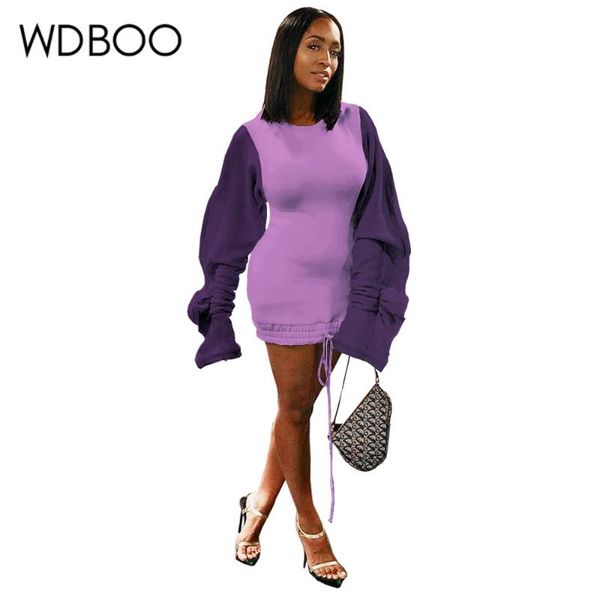

casual dresses wdboo fleece two tone purple dress ruffle puff sleeve sweatshirt women drawstring split hoodie fall winter, Black;gray