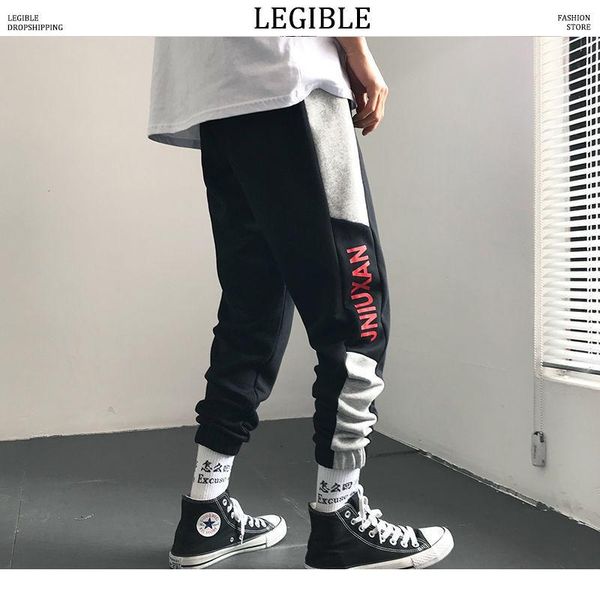 

side printed men cargo pants 2021 hip hop men's joggers streetwear man casual harem trousers, Black