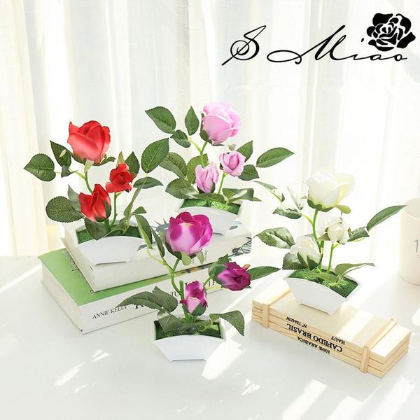 

decorative flowers & wreaths artificial silk rose flower bonsai simulation plastic white potted plant home wedding party decoration