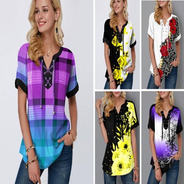 

women's t-shirt 2021 summer european and american printing lace up loose shirt, White