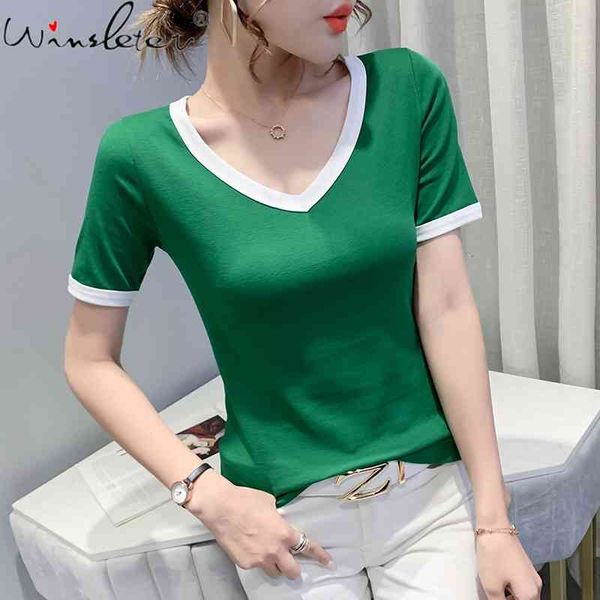 

women's t-shirt summer european clothes cotton chic v-neck bordered women short sleeve bottoming shirt all match tees t15239a, White