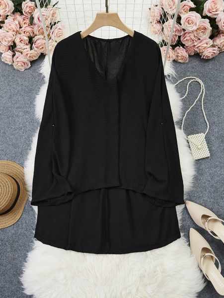 

plus roll tab sleeve high low blouse t2nr#, Black