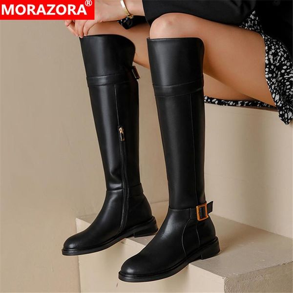

boots morazora genuine leather 2022 est riding women shoes low heels zip fashion cool western over the knee, Black
