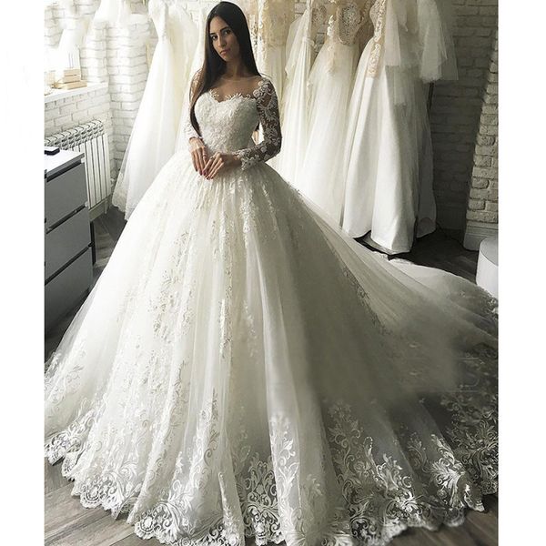 

2022 gorgesous long sleeves lace wedding dresses a line bridal gowns celebrity vestido de noiva luxury robe de mariee crew neck arabic dubai, White