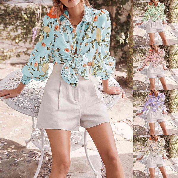 

casual spring and summer women's vacation all-match floral shirt female lady print loose office long-sleeved blouse 210423, White