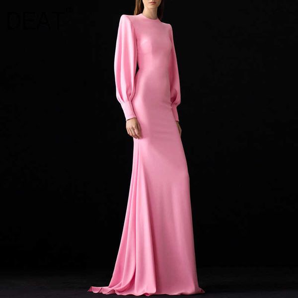 

[deat] spring fashion round neck high waist floor-length long sleeve pink elegant dress women quality 13c781 210527, Black;gray