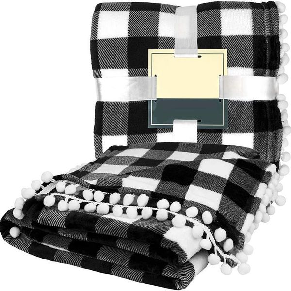 

blankets blanket, white black check soft fleece fringe blanket for couch bed sofa