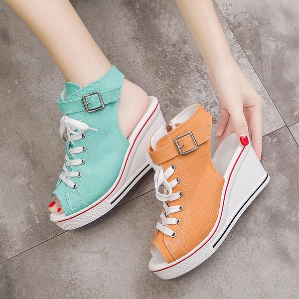 

big size women sandals wedge shoe for woman platform shoes canvas pumps womens summer heels plateau red, Black