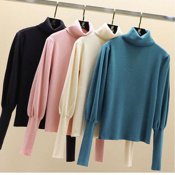 

women's sweaters 2021 women autumn winter loose bottom pullover female solid puff sleeve sweater blouse lady slim elegant casual knitte, White;black