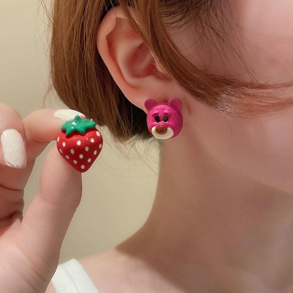 

simple and earrings asymmetrical frog bear strawberry design stud, Golden;silver