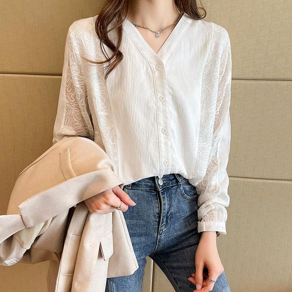 

women's blouses & shirts real s ~ white shirt female 2021 spring korean style loose v-neck versatile cardigan lace fashion