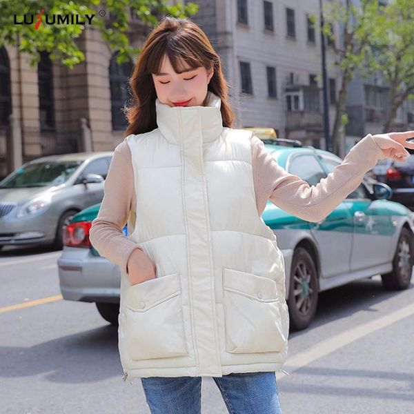 

women's vests lusumily short winter vest women sleeveless down coats jacket cotton padded waistcoat girls casual warm snow, Black;white
