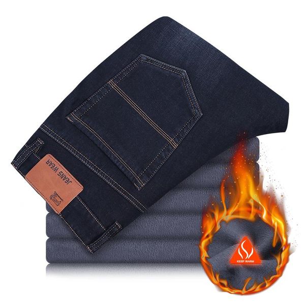 

men's jeans plus velvet loose fall/winter straight big size 44 classic simple mens blue denim trousers warm clothing