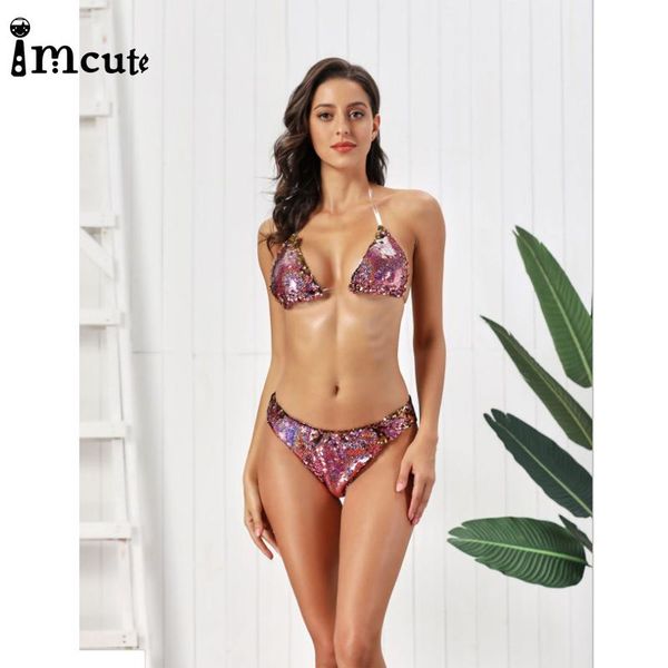 

imcute 2021 women's 2pcs bikini set sequin overlay color-changeable padded bra push up high-cut thong swimsuit one-piece suits
