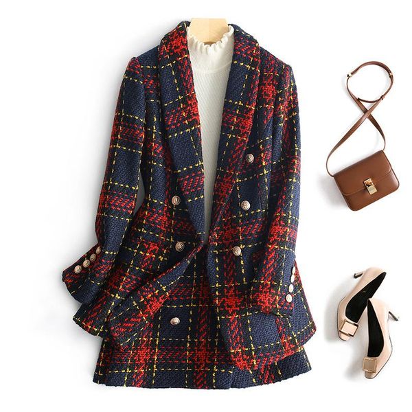 

two piece dress runway designer wool plaid set women elegant double-breasted slim blazer + mini skirt for autumn winter, White