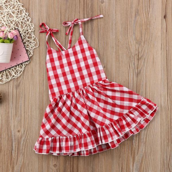 

girl's dresses sweet toddler kids baby girls sleeveless checked princess dress outfits clothes plaid clothing, Red;yellow