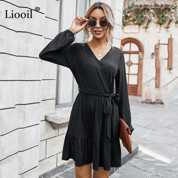 

dress casual loose ribbed midi dress for women lace up with sashes long sleeve v neck female autumn winter clothes brown black d548, Black;gray