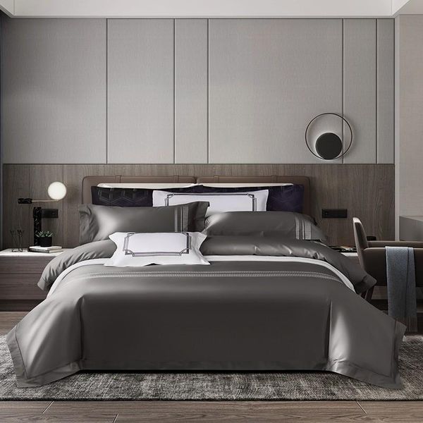 

bedding sets 4pcs 1000tc long staple egyptian cotton high end embroidery (1duvet cover+1bed sheet+ 2pillow shams) deep gray orange