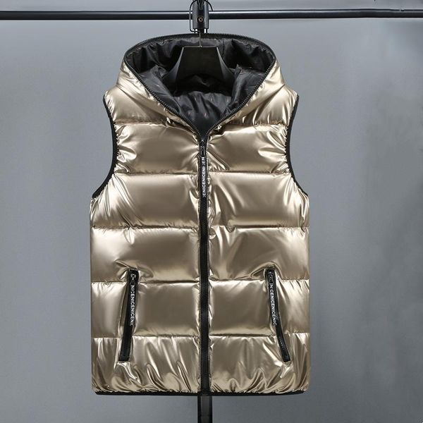 

men's vests 2021 winter bright hooded vest men thicken warm cotton-padded windbreaker sleeveless coat clothing plus size 4xl 5xl 6xl, Black;white
