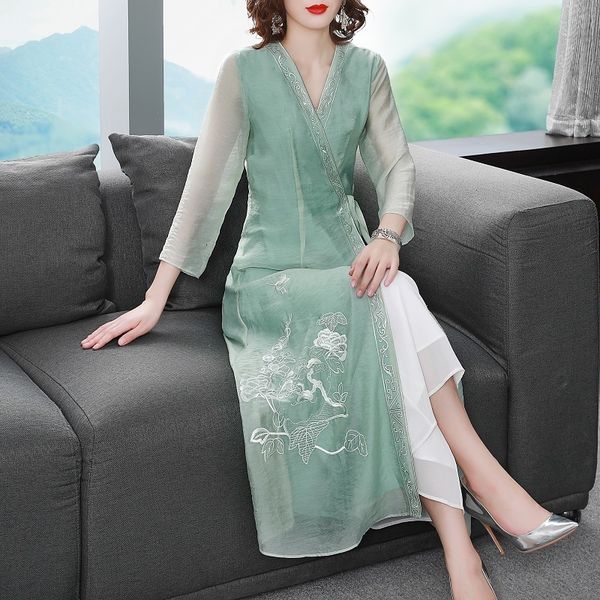 

casual dresses dress brand chinese style spring summer green yellow women v-neck lurex embroidery mid-calf string belt zba7, Black;gray