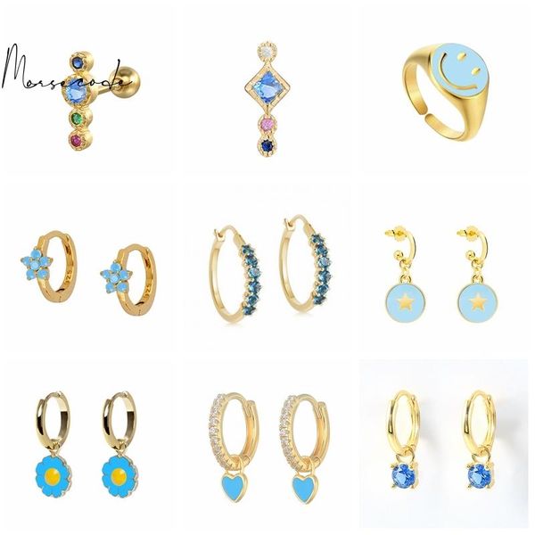 

hoop & huggie morse blue series cz earrings for women pendientes plata 925 ear bone piercing earring teens gift jewelry accessories, Golden;silver
