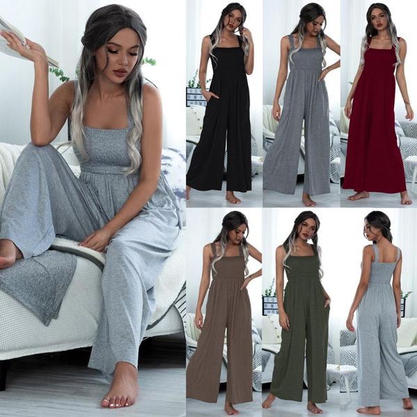 

women's jumpsuits & rompers women spaghetti strap wide leg summer 2021 solid casual loose stretchy waist off shoulder high romper, Black;white