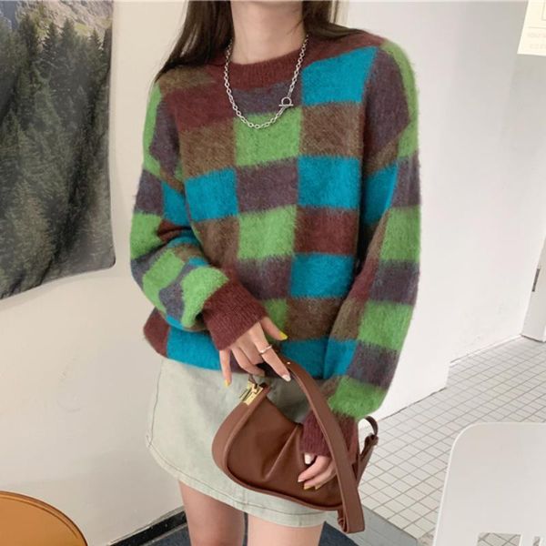 

women's sweaters stylish colorblock plaid sweater women autumn winter 2021 long sleeve y2k knit harajuku pullover soft clothing brown, White;black