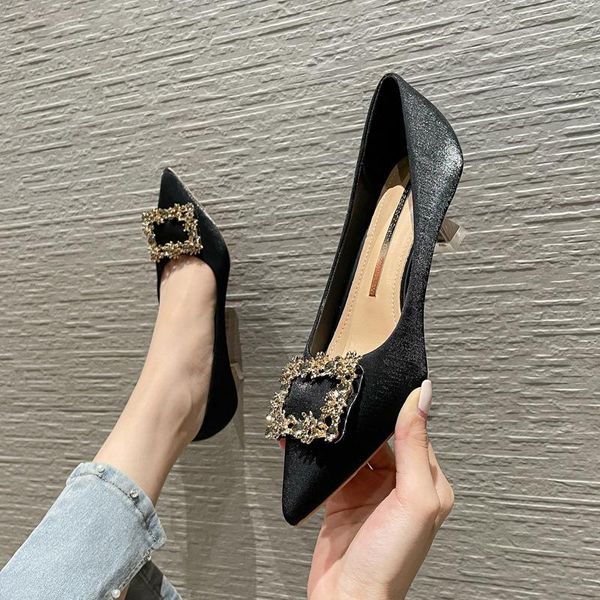 

dress shoes 2021 fashion summer rhinestone golden women pumps high heels luxury discoloration pointed toe woman, Black