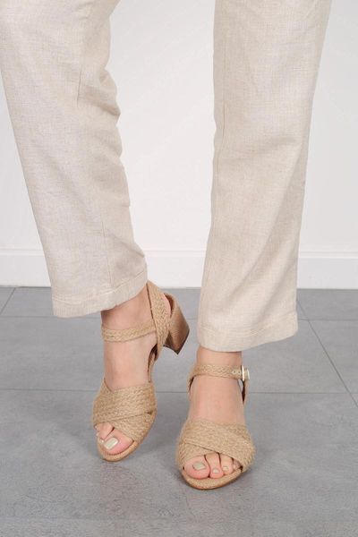 

sandals women's beige straw thick high-heeled, Black