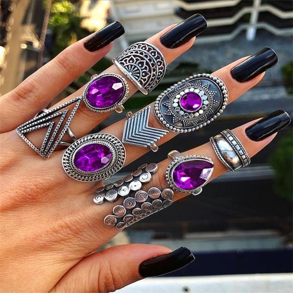 

cluster rings 9 pcs/set punk exaggerated geometry triangle arrow sun gem crystal silver color ring set girl party jewelry gift, Golden;silver