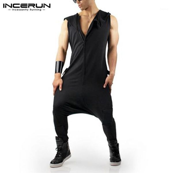 

fashion men jumpsuit solid joggers sleeveless streetwear overalls pockets punk hooded drop crotch pants rompers men's, Black