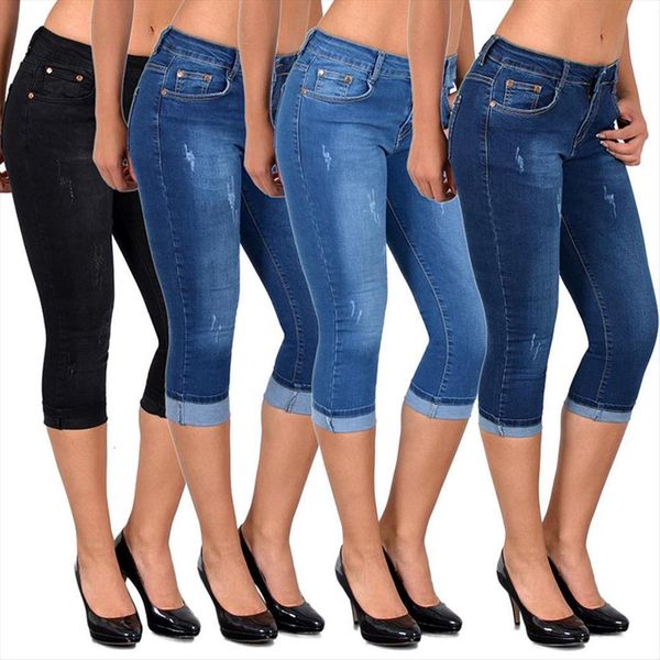 

summer fashion high waist skinny womens jean knee length denim capri pants legging stretch seamless, Blue