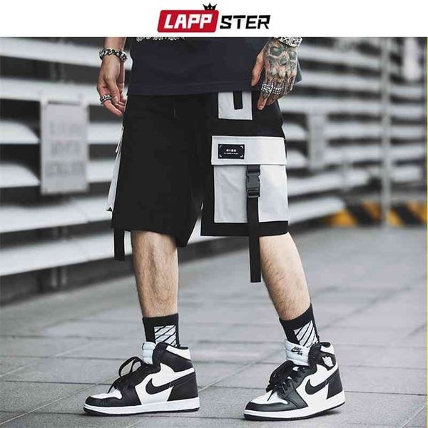 

lappster men streetwear color block cargo shorts summer hip hop shorts men joggers polyester sweatshorts belt khaki shorts 210324, White;black