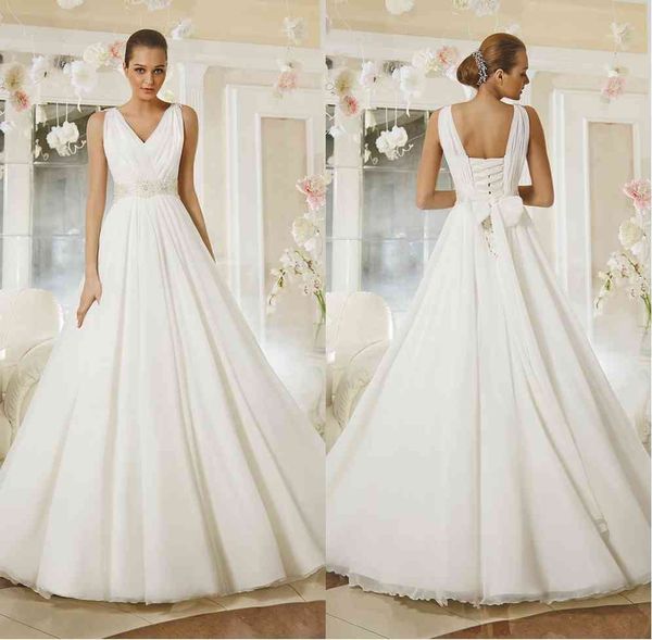 

deep v neck chiffon wedding dresse big bow bridal dresses a line dresses for wedding gows with beaded sash 2021, White