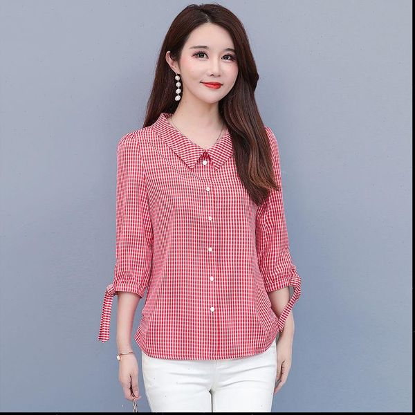 

spring summer style casual half womens shirts sleeve peter pan collar plaid printed blusas df2806, White