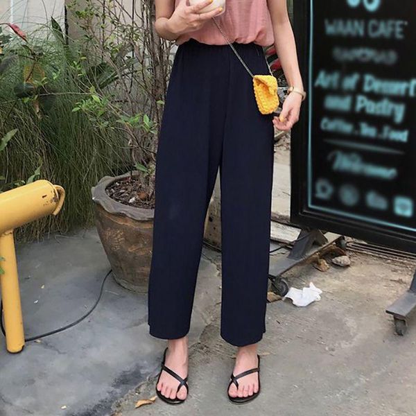 

summer women wide leg pants solid color thin nine-point drop straight fashion pants female casual, Black;white