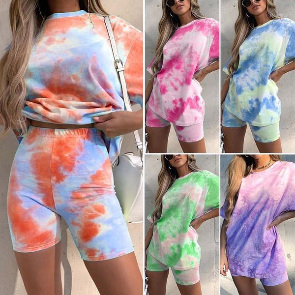 

women's tracksuits casual tie dye summer t-shirt and shorts two piece set women slim track suit outfits, Gray