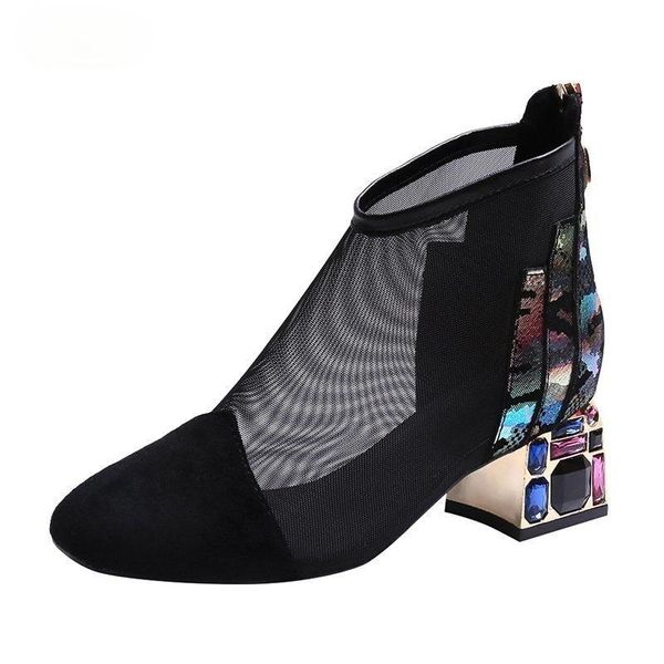 

summer autumn 2021 style zip of square-head thick heel mesh pu boots for women low-shoes sandals 35-40 dress, Black