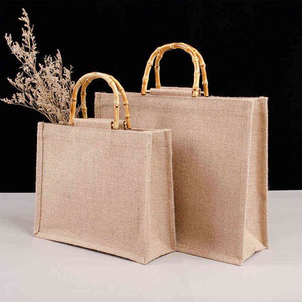 NXY Einkaufstaschen Vintege Für Frauen Multifunktions Tragbare Sackleinen Jute Handtasche Bambus Schlaufengriffe Tote Reise Lunchbox 220128