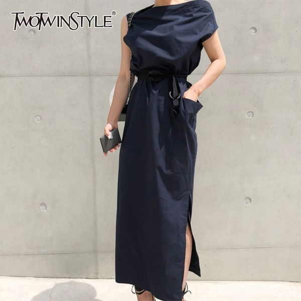 

twotwinstyle elegant dress for women slash neck short sleeve off shouder lace up high waist side split dresses female summer 210517, Black;gray
